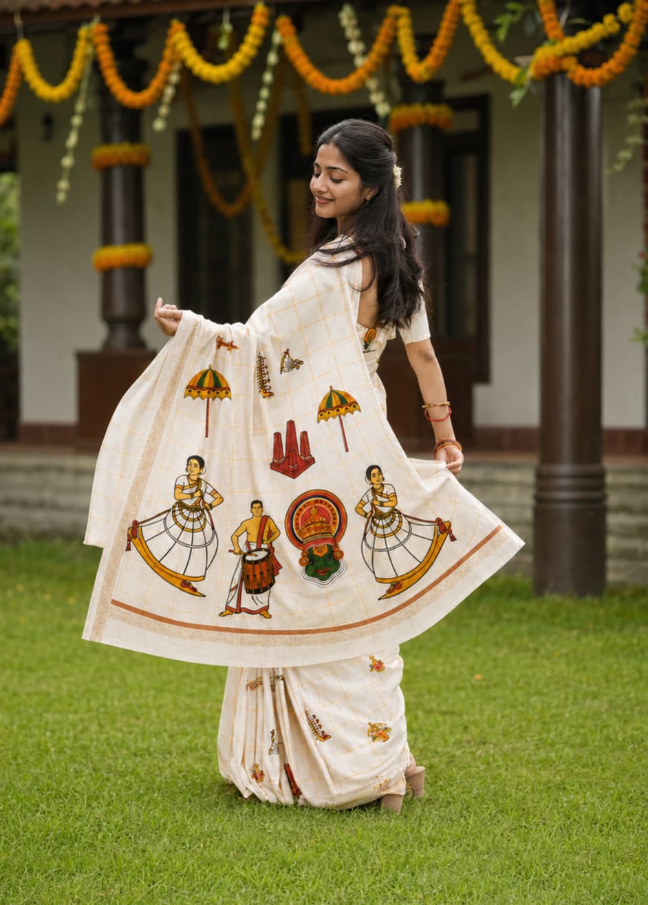 Kerala Onam Cotton Shirt & Gold Kara Mundu Combo Set
